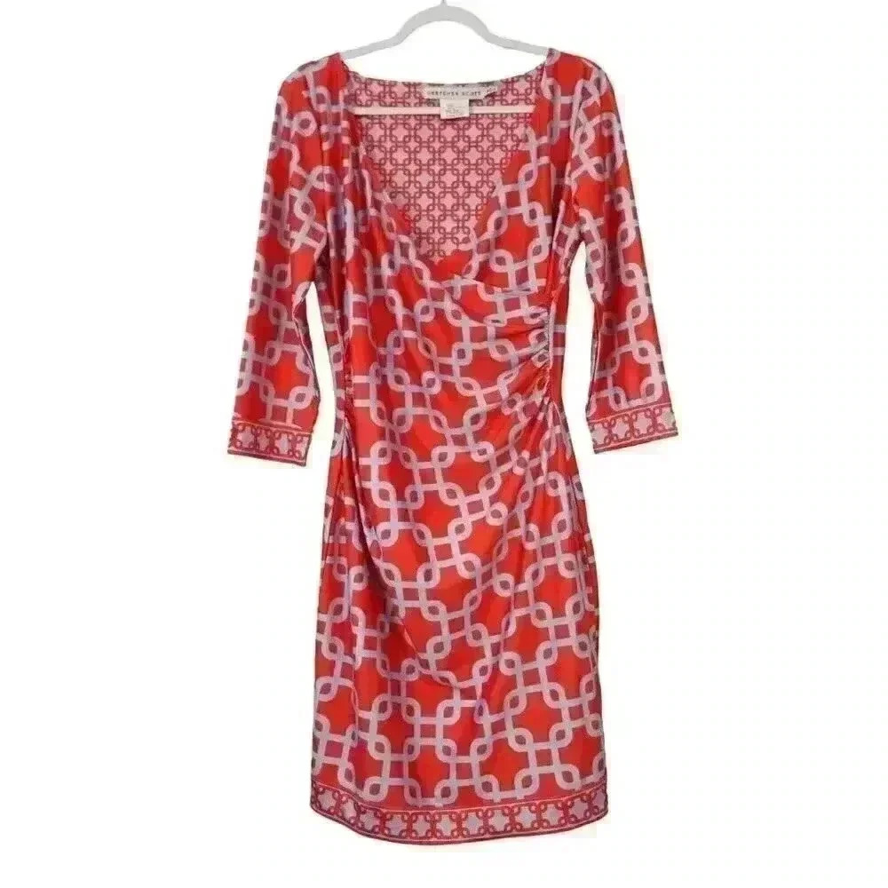 Gretchen Scott Dress Size Medium Faux Wrap 3/4 Sleeve Stretch Preppy Colorful